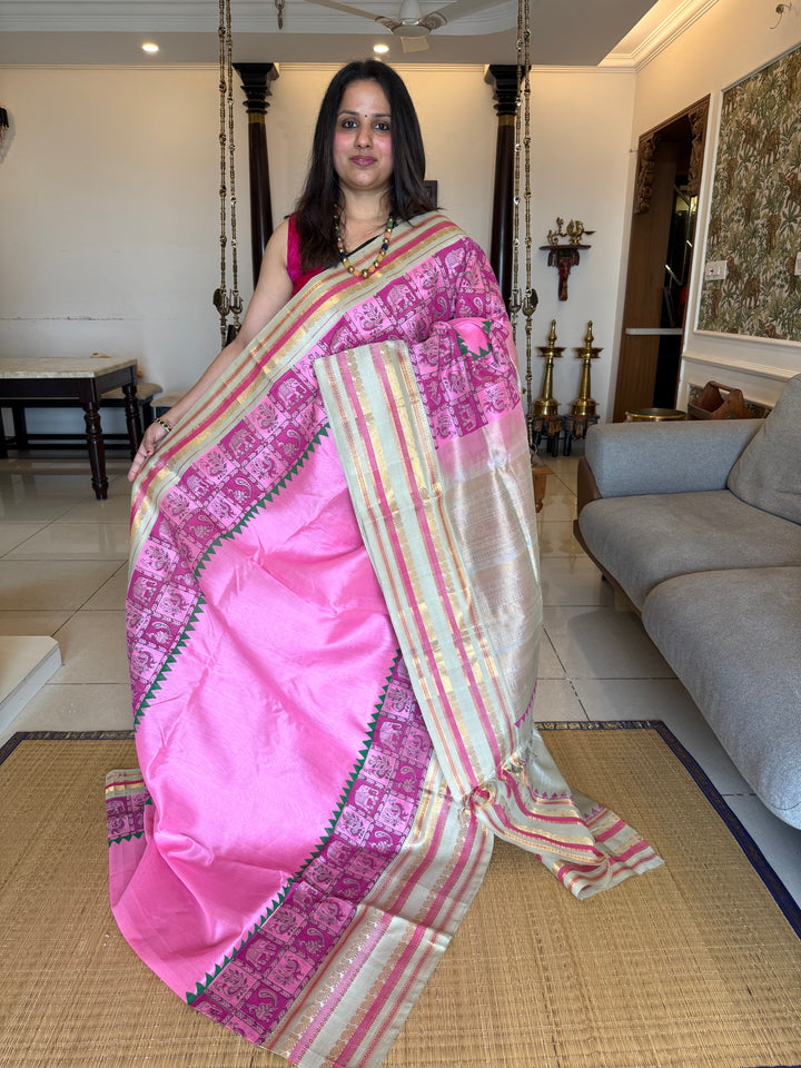 Baby Pink with Light Elaichi, Annam and Elephant Handblock Printed Korvai Silk Cotton Saree