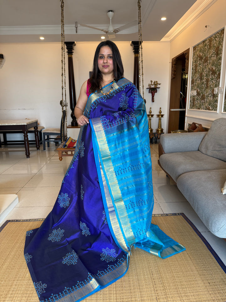 Blue with Blue Kolam Handblock Printed Silk Cotton Saree