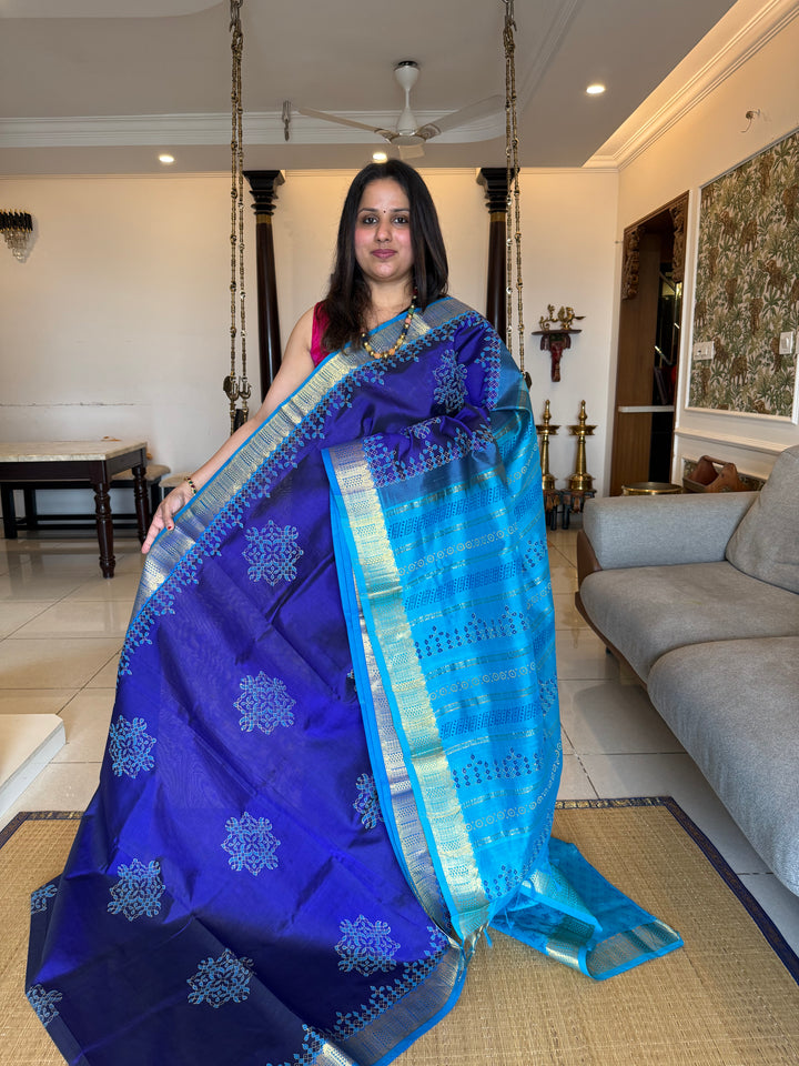 Blue with Blue Kolam Handblock Printed Silk Cotton Saree