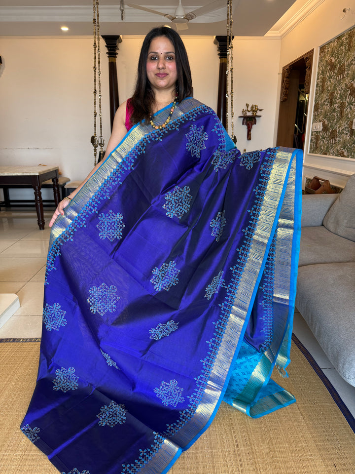 Blue with Blue Kolam Handblock Printed Silk Cotton Saree