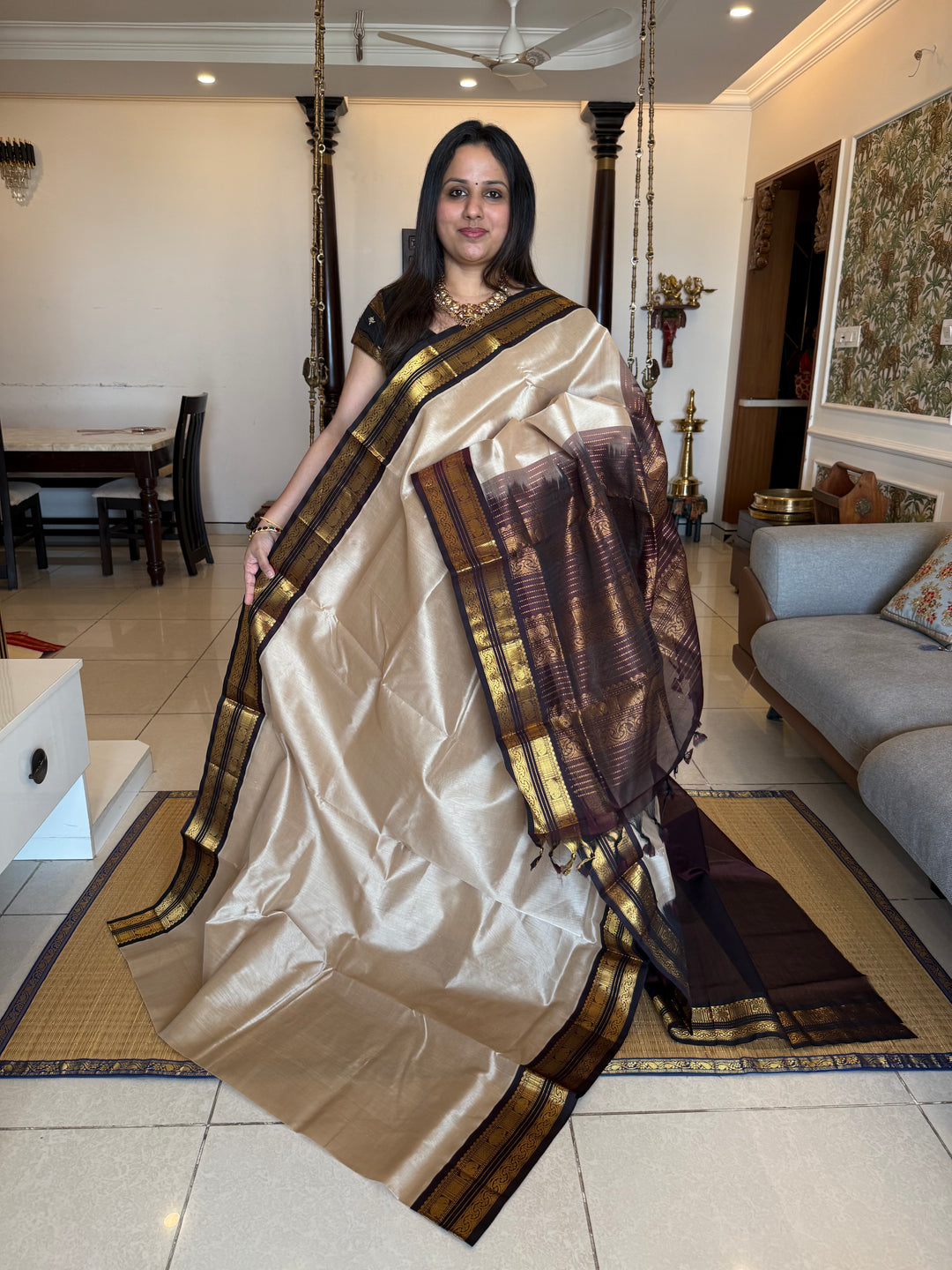 Beige with Brown ,traditional rich borders and grand Pallu korvai Silk Cotton Saree