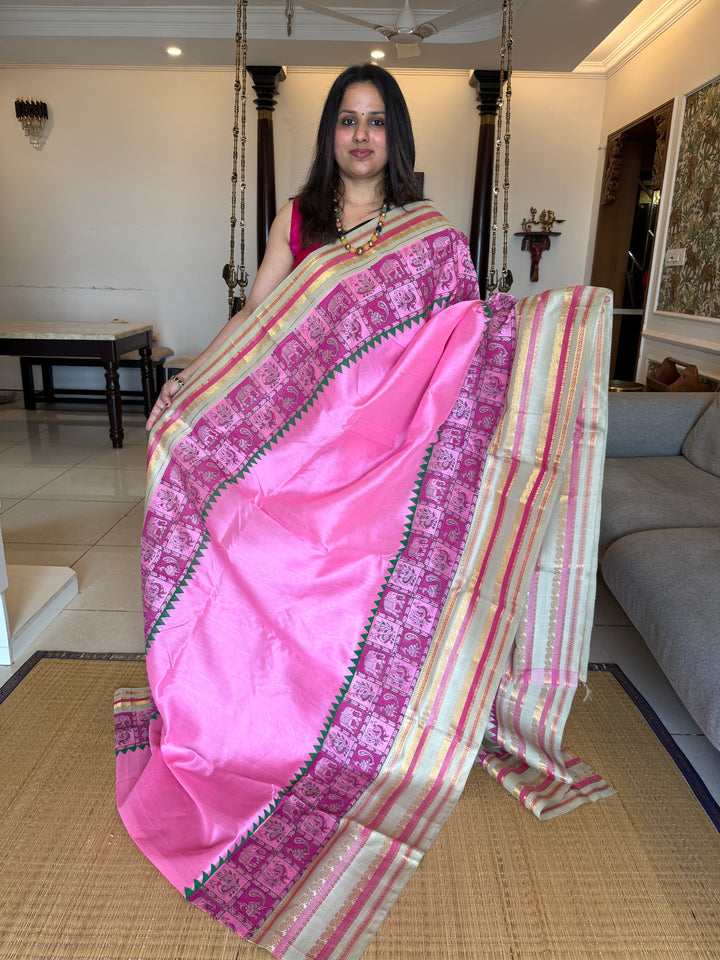 Baby Pink with Light Elaichi, Annam and Elephant Handblock Printed Korvai Silk Cotton Saree