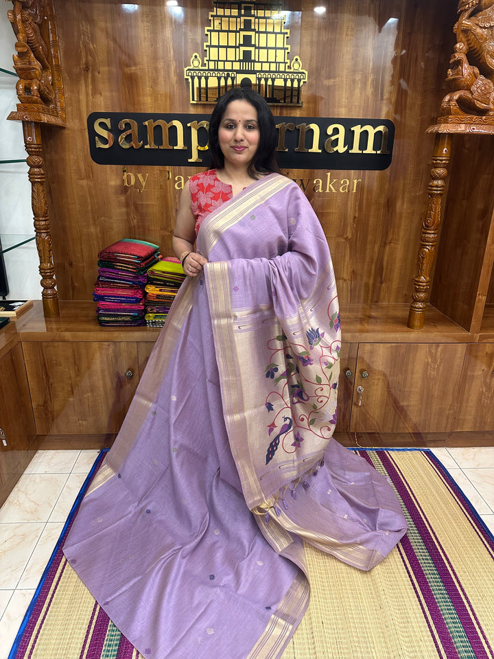 Lavender  , Paithani borders and Rich Paithani Pallu Soft Cotton Saree