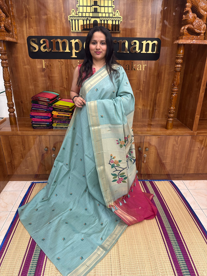 Pastel Blue  , Paithani borders and Rich Paithani Pallu Soft Cotton Saree