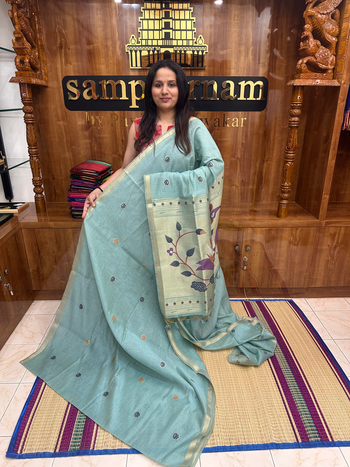Sky Blue  , Paithani borders and Rich Paithani Pallu Soft Cotton Saree