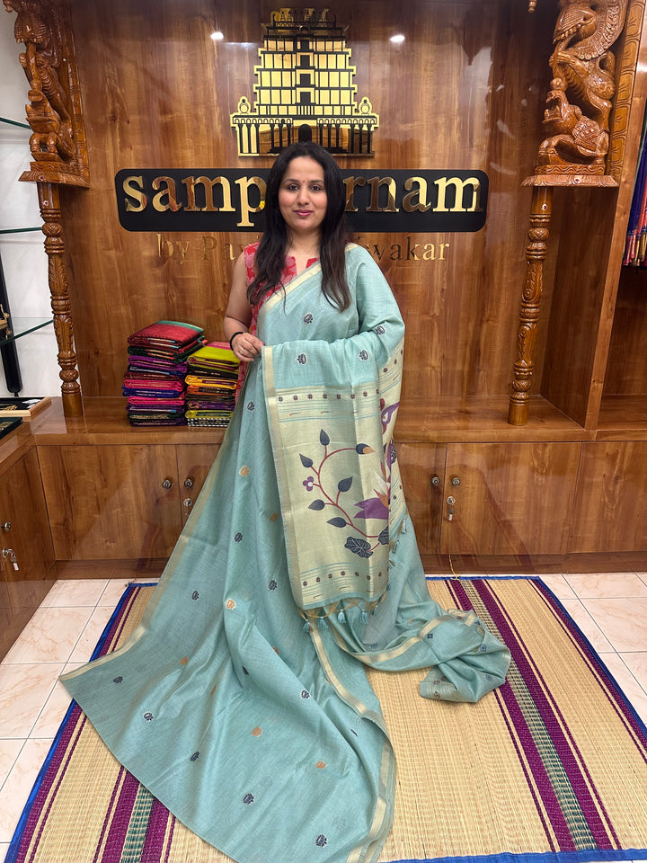 Sky Blue  , Paithani borders and Rich Paithani Pallu Soft Cotton Saree