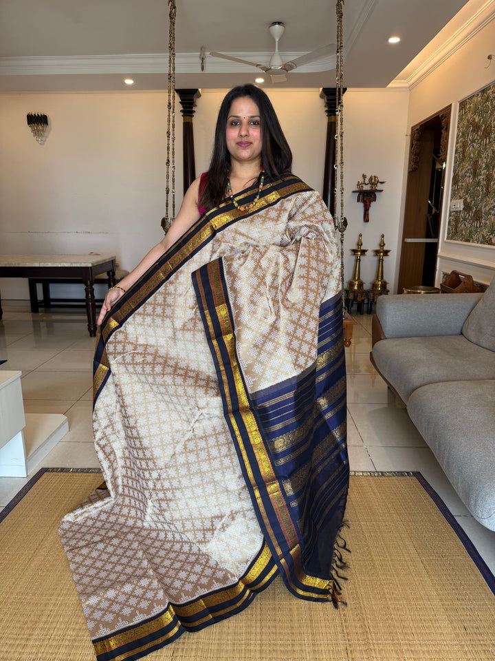 Light Gold with Blue Kolam Handblock All Over with Body Korvai Silk Cotton Saree