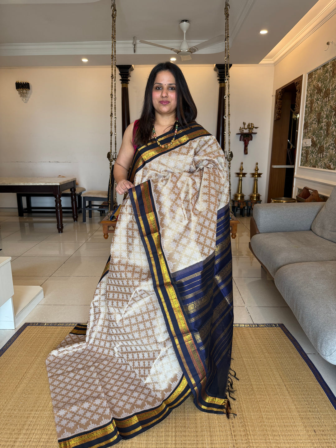 Light Gold with Blue Kolam Handblock All Over with Body Korvai Silk Cotton Saree