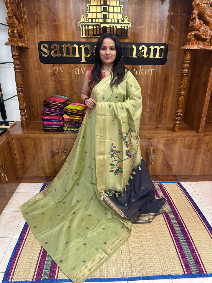 Pastel Green  , Paithani borders and Rich Paithani Pallu Soft Cotton Saree