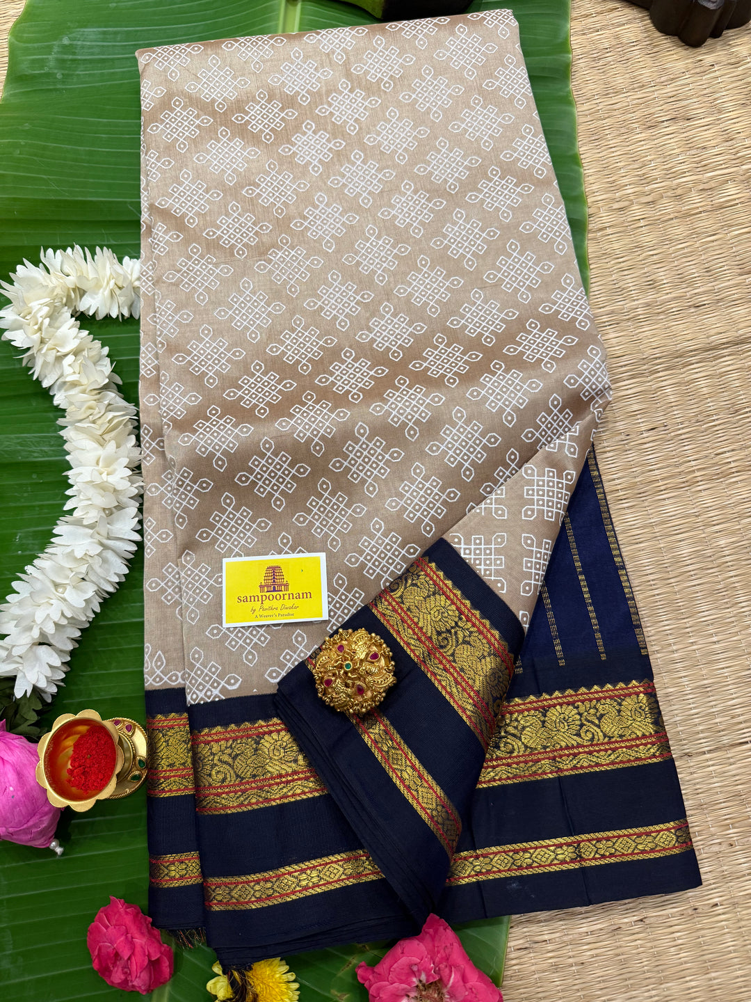 Light Gold with Blue Kolam Handblock All Over with Body Korvai Silk Cotton Saree