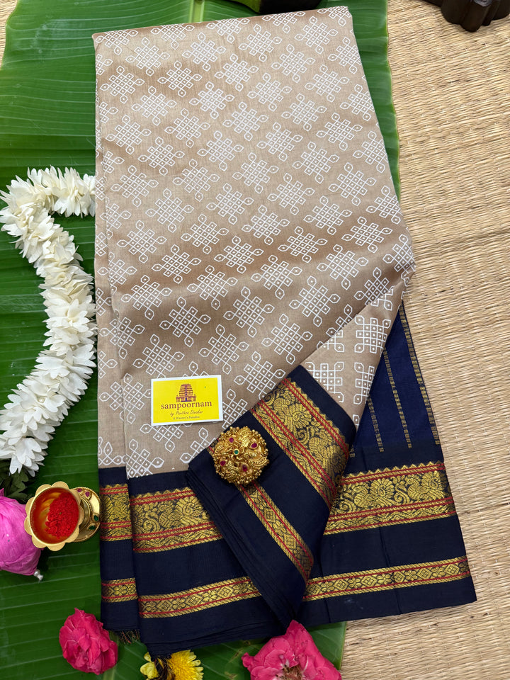 Light Gold with Blue Kolam Handblock All Over with Body Korvai Silk Cotton Saree