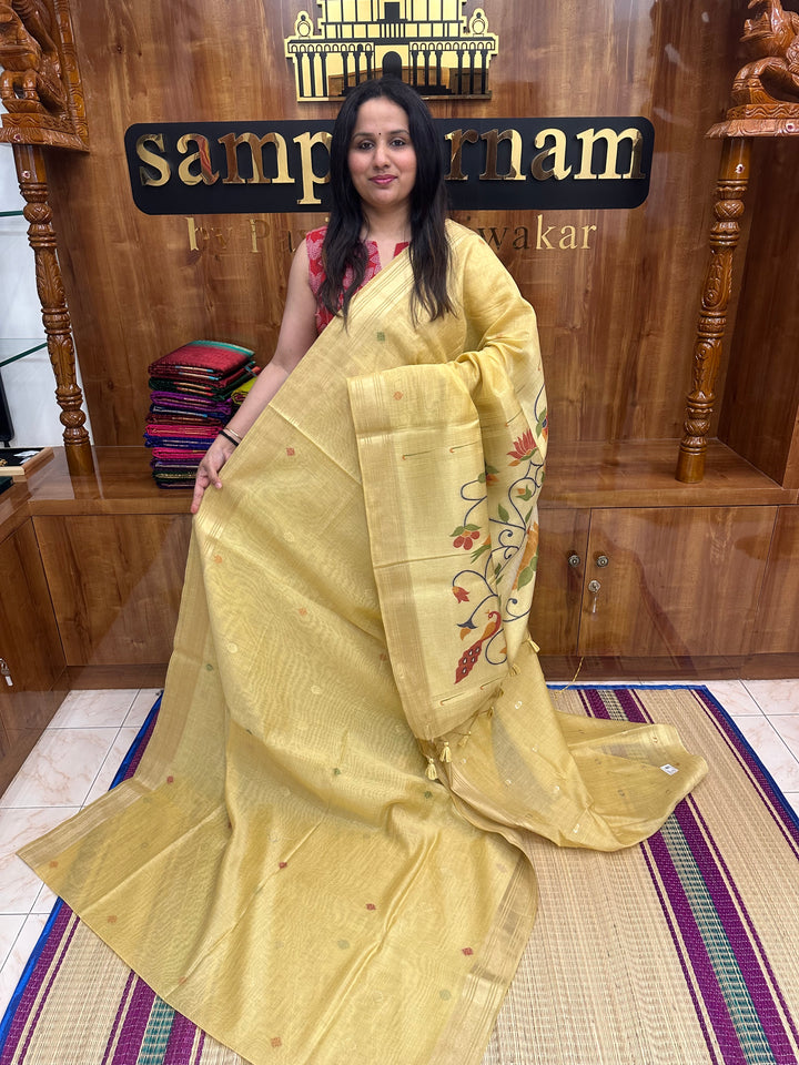 Pale Yellow  , Paithani borders and Rich Paithani Pallu Soft Cotton Saree
