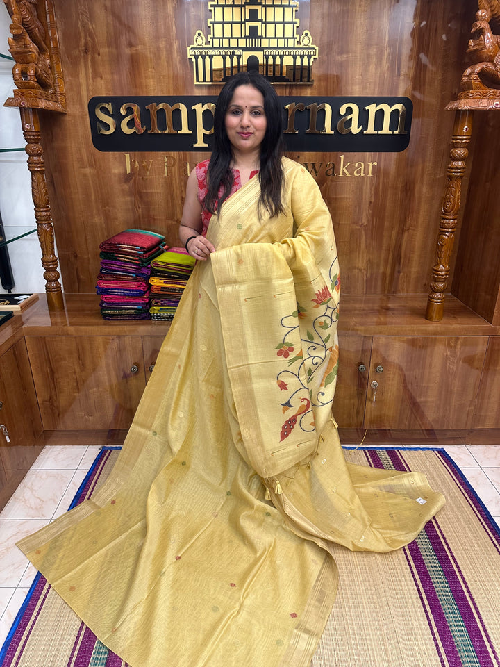 Pale Yellow , Paithani borders and Rich Paithani Pallu Soft Cotton Saree