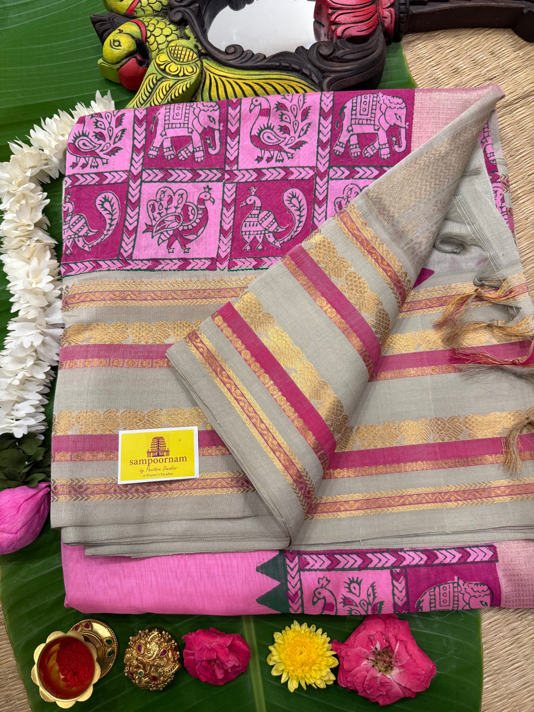 Baby Pink with Light Elaichi, Annam and Elephant Handblock Printed Korvai Silk Cotton Saree