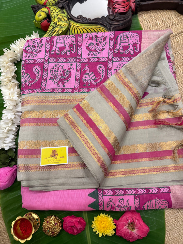 Baby Pink with Light Elaichi, Annam and Elephant Handblock Printed Korvai Silk Cotton Saree