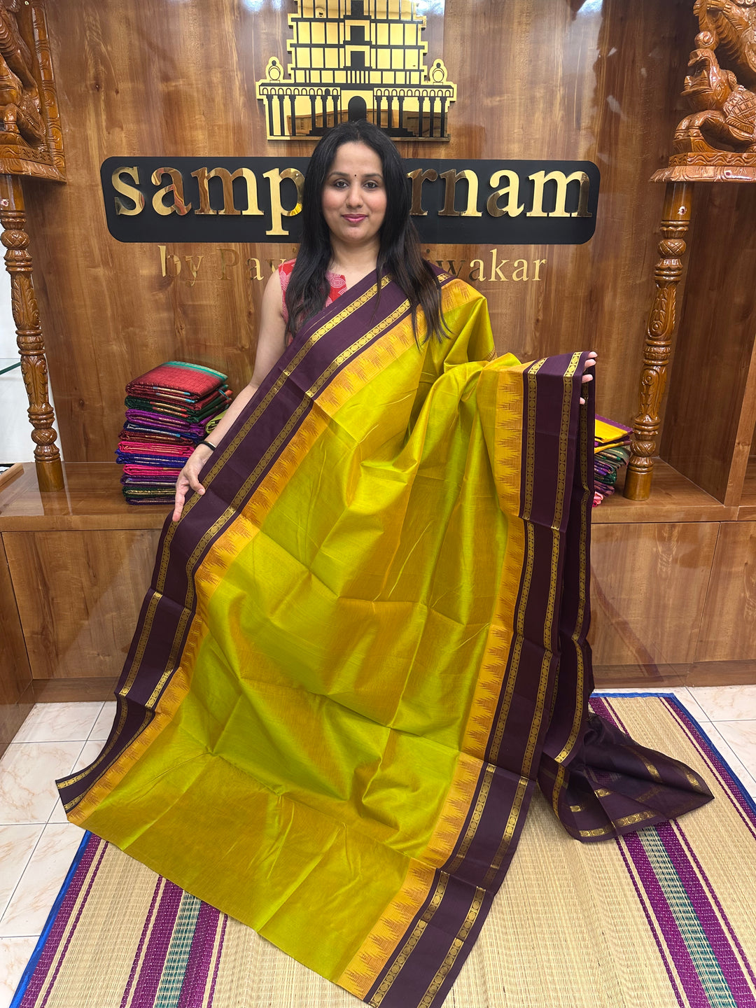 Maanthulir Green with Dark Brown  , Rettapet borders with Temple design  and Rich Pallu Korvai Silk Cotton Saree