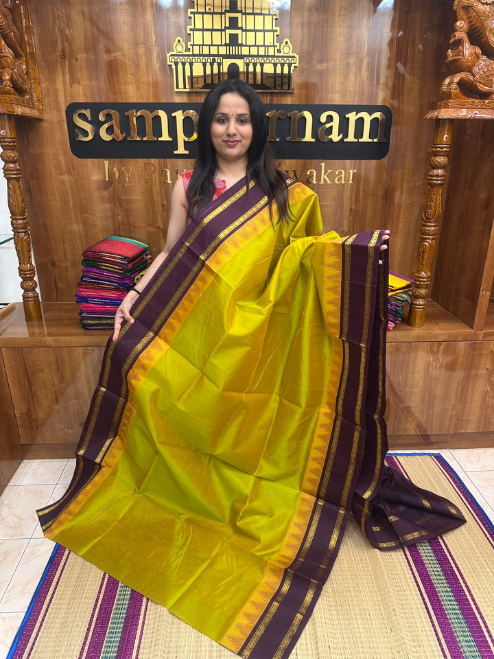 Maanthulir Green with Dark Brown  , Rettapet borders with Temple design  and Rich Pallu Korvai Silk Cotton Saree
