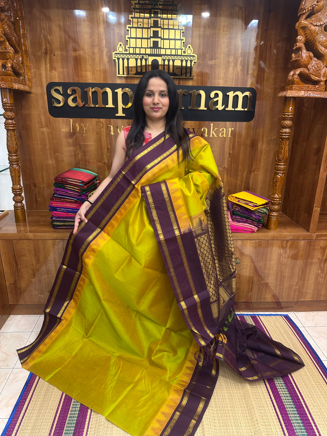 Maanthulir Green with Dark Brown  , Rettapet borders with Temple design  and Rich Pallu Korvai Silk Cotton Saree