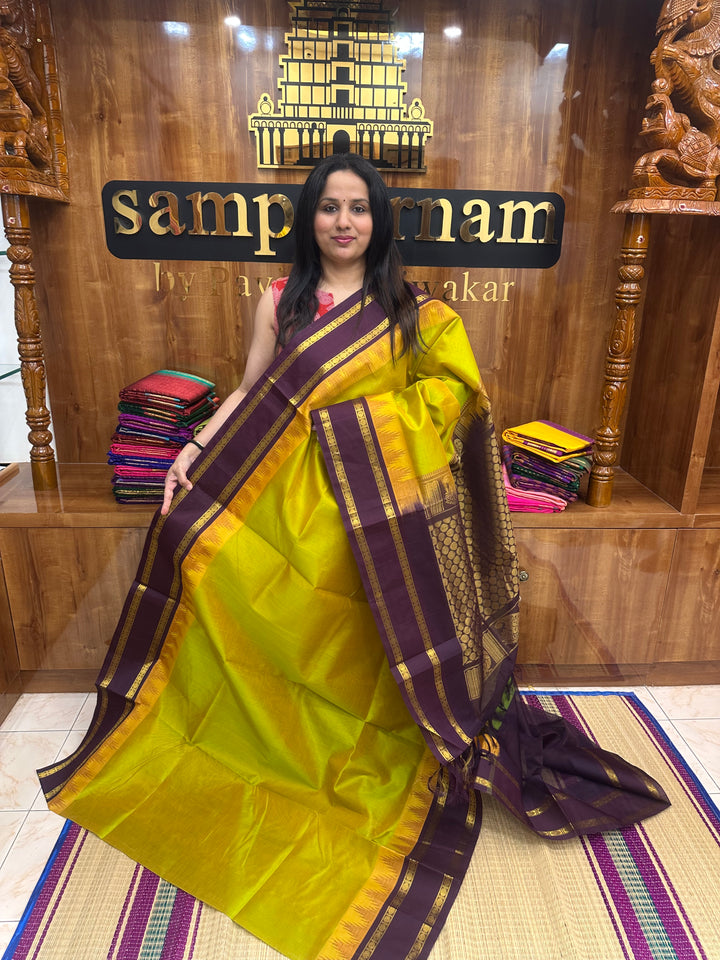 Maanthulir Green with Dark Brown  , Rettapet borders with Temple design  and Rich Pallu Korvai Silk Cotton Saree