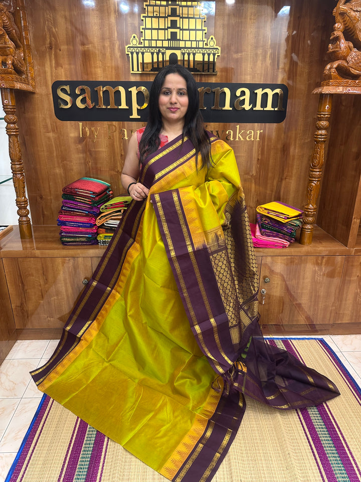 Maanthulir Green with Dark Brown  , Rettapet borders with Temple design  and Rich Pallu Korvai Silk Cotton Saree