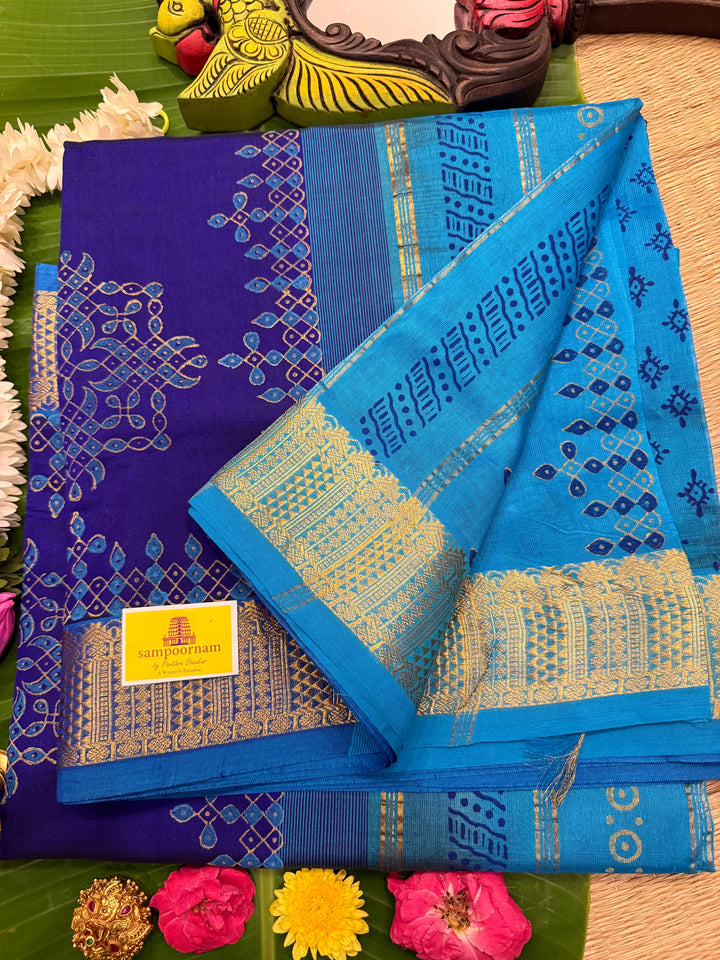 Blue with Blue Kolam Handblock Printed Silk Cotton Saree