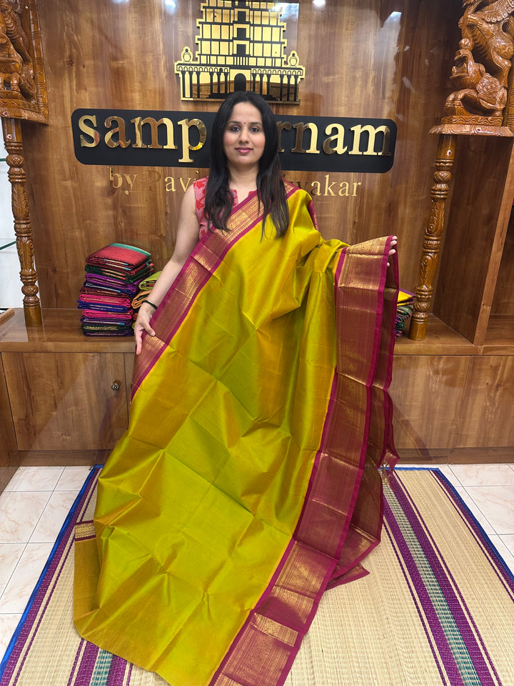 Maanthulir Green with Dark Red  , Traditional One side big borders and Rich Pallu Korvai Silk Cotton Saree