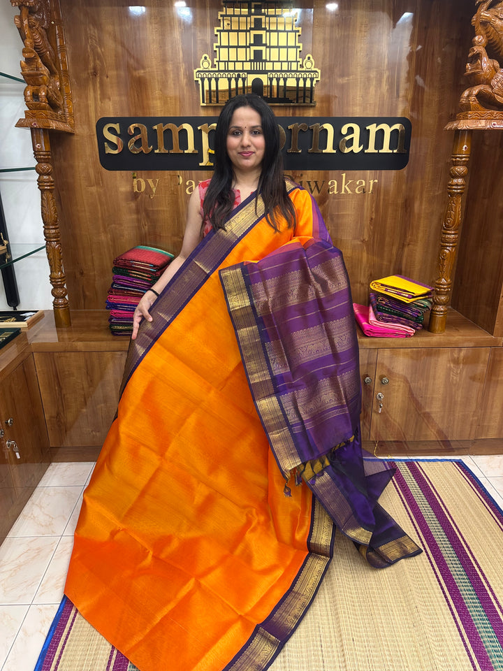 Rustic Orange with Purple  , Traditional borders and Rich Pallu Korvai Silk Cotton Saree