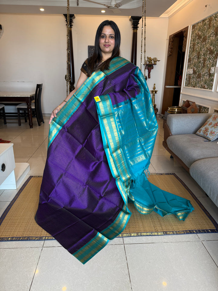 Dark Blue with Light Blue , Zari Kattam in the Body Traditional Borders and Rich Pallu Korvai Silk Cotton Saree