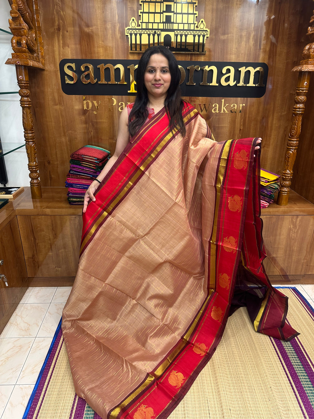 Biscuit with Maroon , Zari Lines in the body and Annam motif in the  borders and Rich Pallu Korvai Silk Cotton Saree