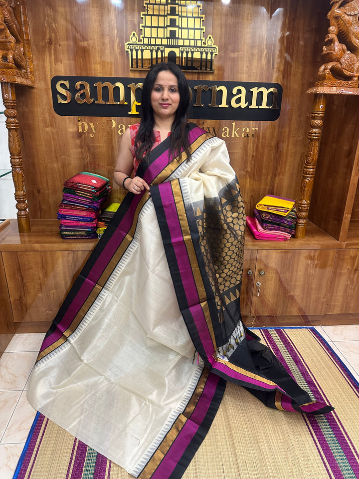 White with Black , Triple border and  Rich Pallu Korvai Silk Cotton Saree