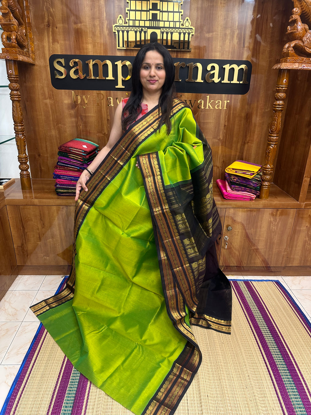 Sneha Green with Brown  , Rettapet  borders and Rich Pallu Korvai Silk Cotton Saree