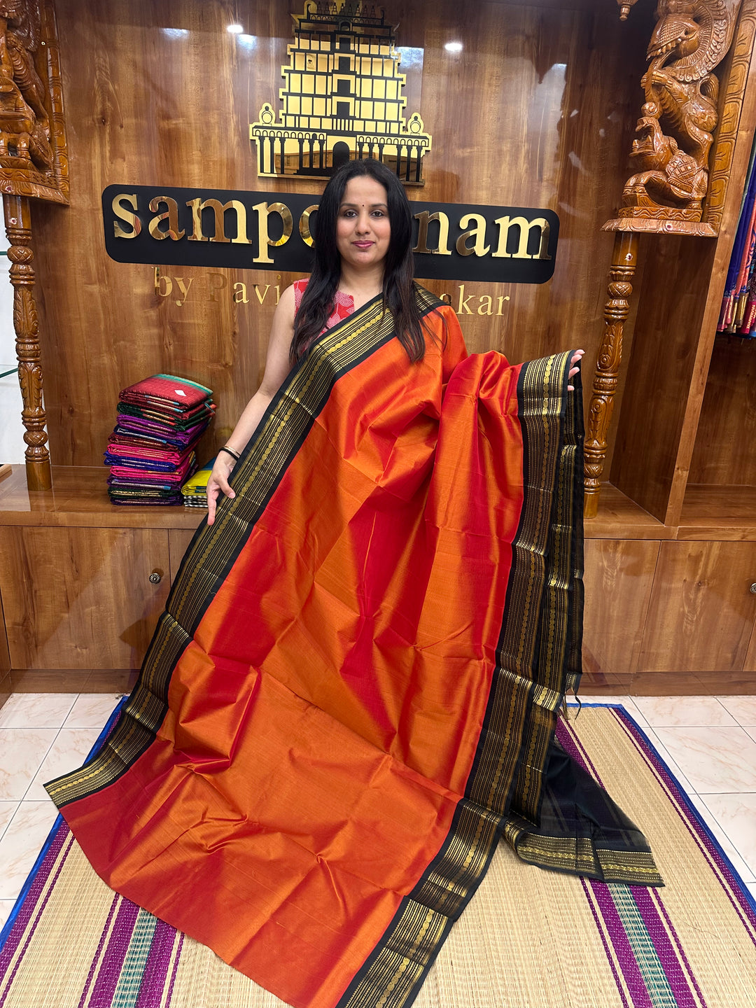 Burnt Orange with Bottle Green  , Traditional borders and Rich Pallu Korvai Silk Cotton Saree