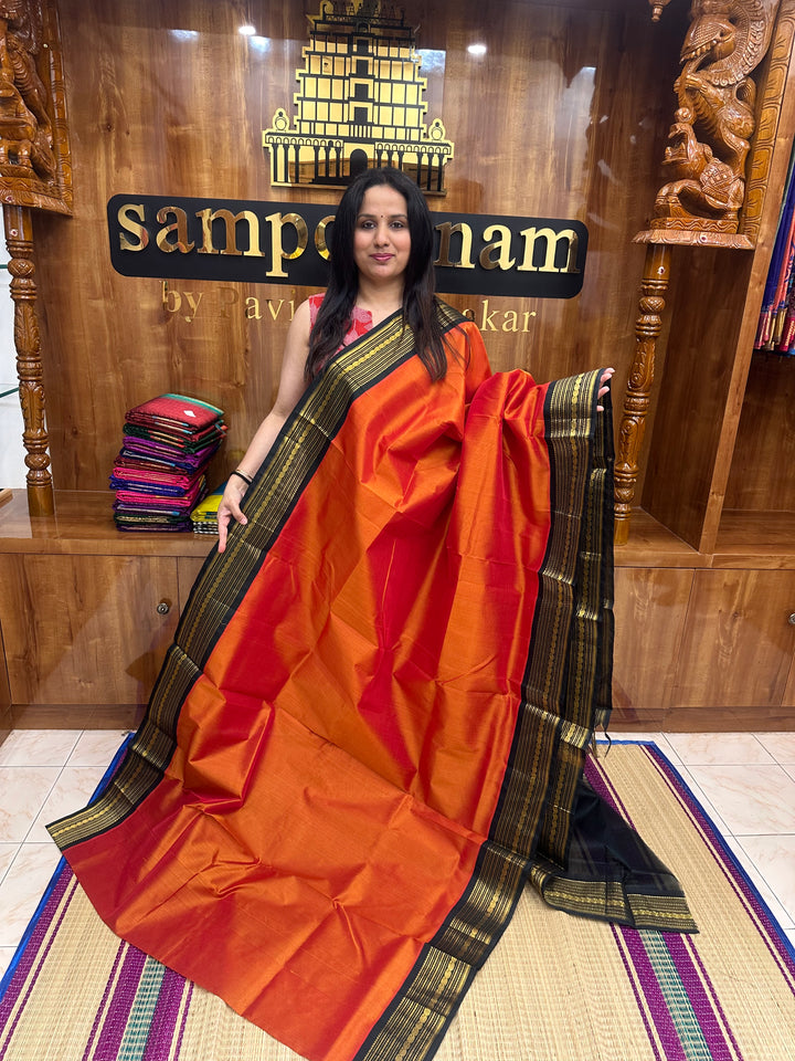 Burnt Orange with Bottle Green  , Traditional borders and Rich Pallu Korvai Silk Cotton Saree
