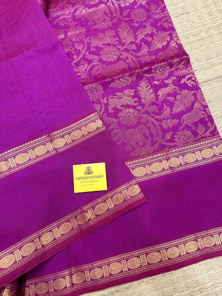 Dark magenta , rettapet border , rich Zari vanasingaram in the body and traditional Pallu , Korvai silk cotton saree