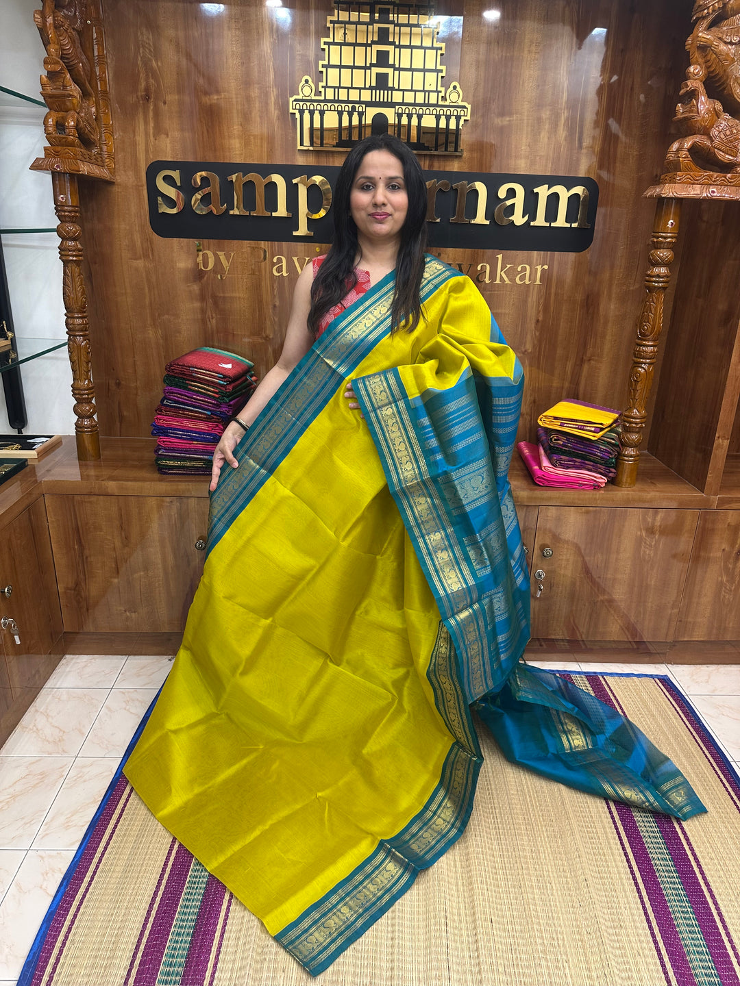 Lemon Yellow with Turquoise Blue  , Traditional borders and Rich Pallu Korvai Silk Cotton Saree