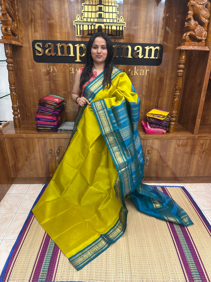 Lemon Yellow with Turquoise Blue  , Traditional borders and Rich Pallu Korvai Silk Cotton Saree