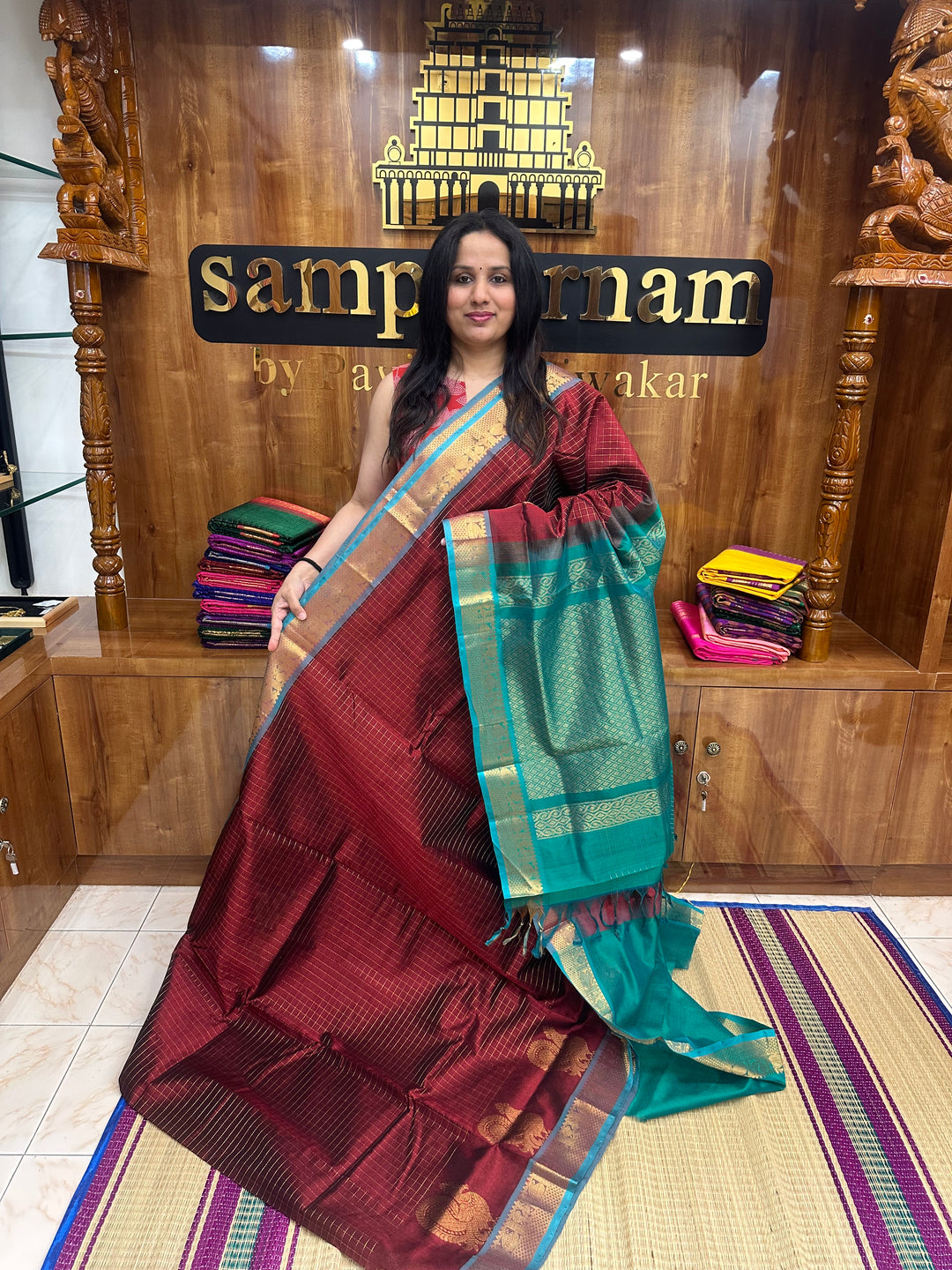 Maroon with Green , Zari Checks in the body with One side Annam Motif in the borders , Rich Pallu Silk Cotton Saree