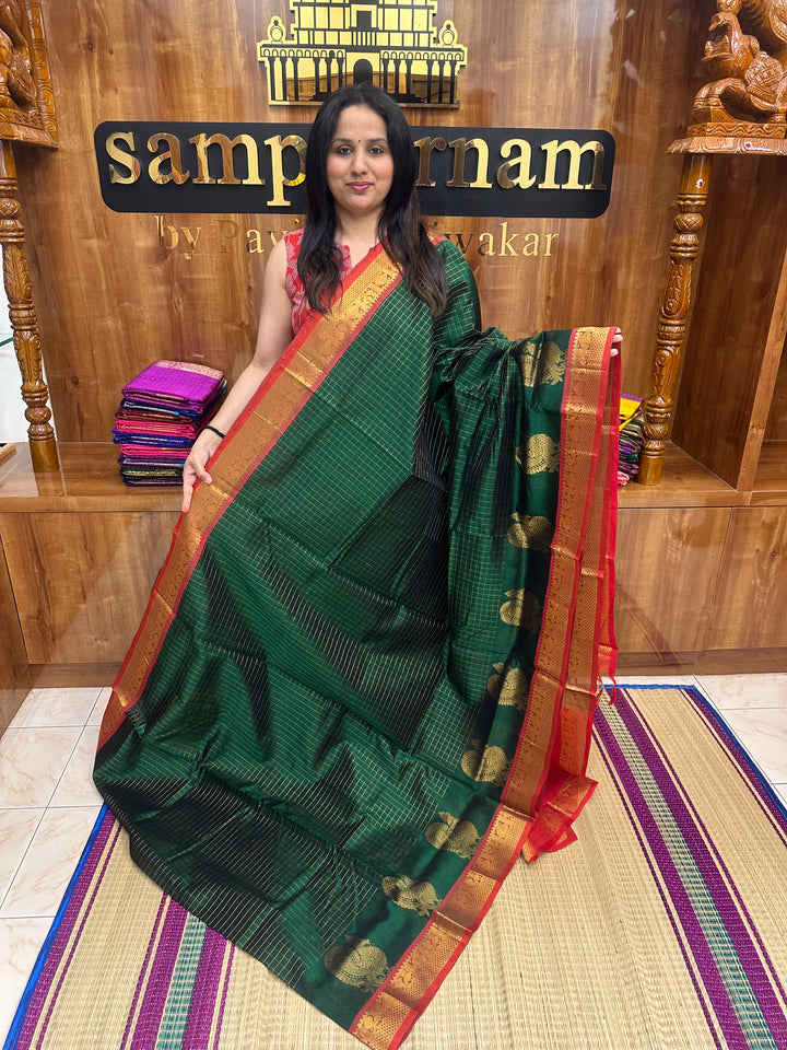 Green with Red , Zari Checks in the body with One side Annam Motif in the borders , Rich Pallu Silk Cotton Saree