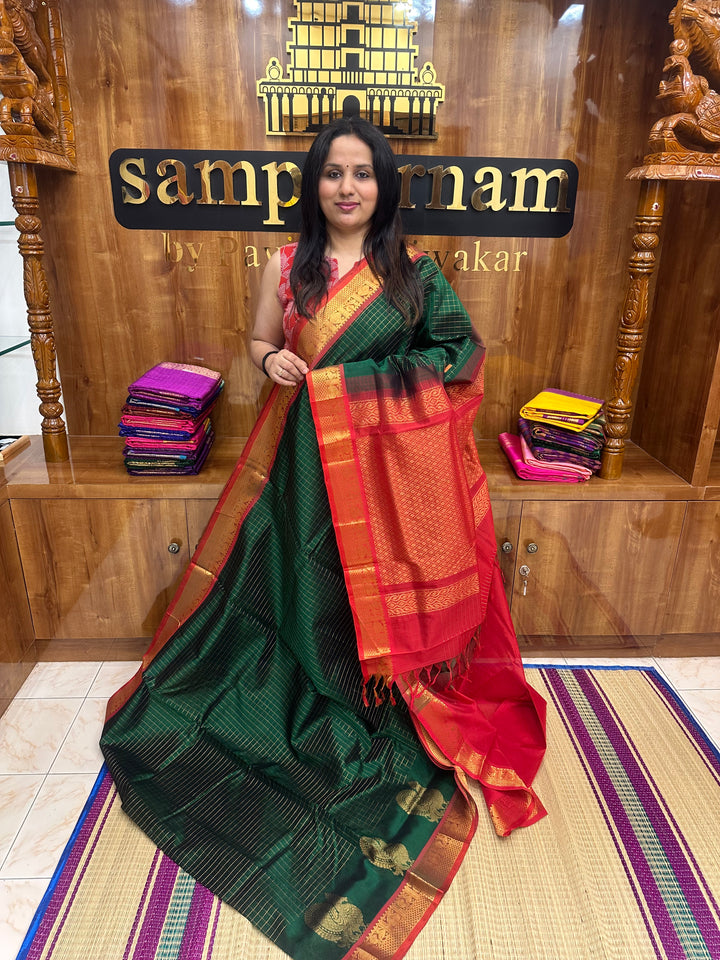 Green with Red , Zari Checks in the body with One side Annam Motif in the borders , Rich Pallu Silk Cotton Saree