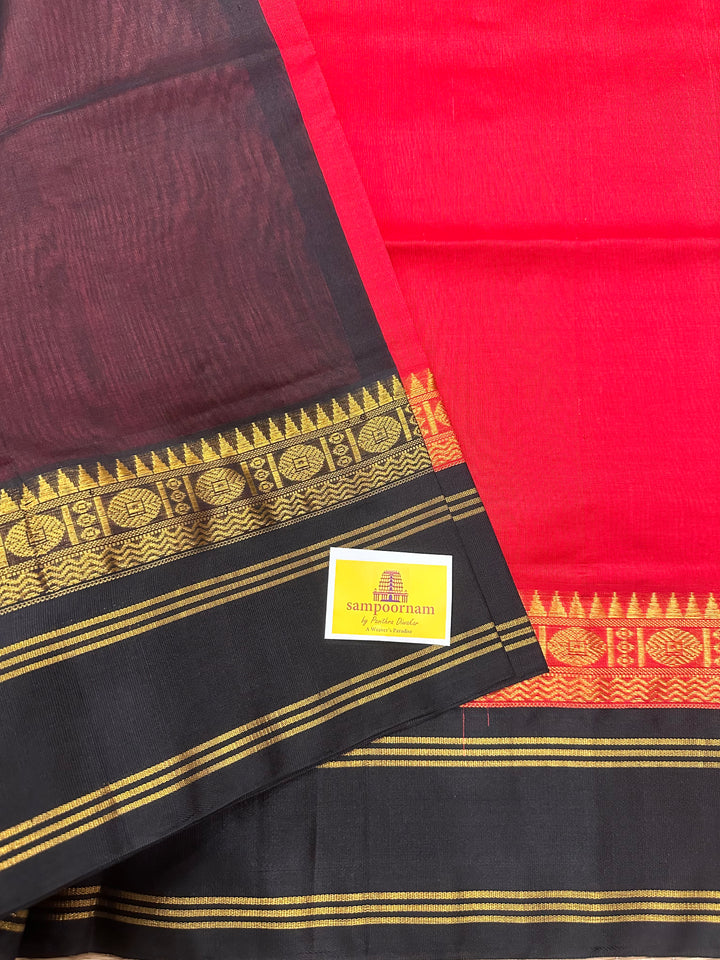Red With Black Korvai Silk Cotton Saree