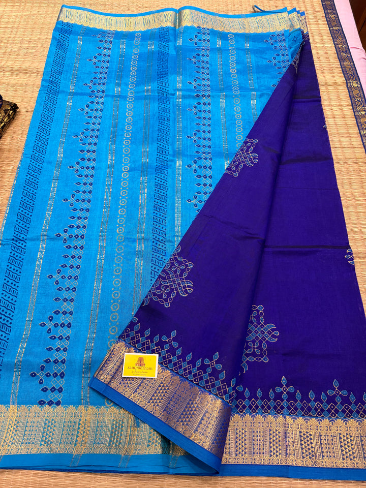 Blue with Blue Kolam Handblock Printed Silk Cotton Saree