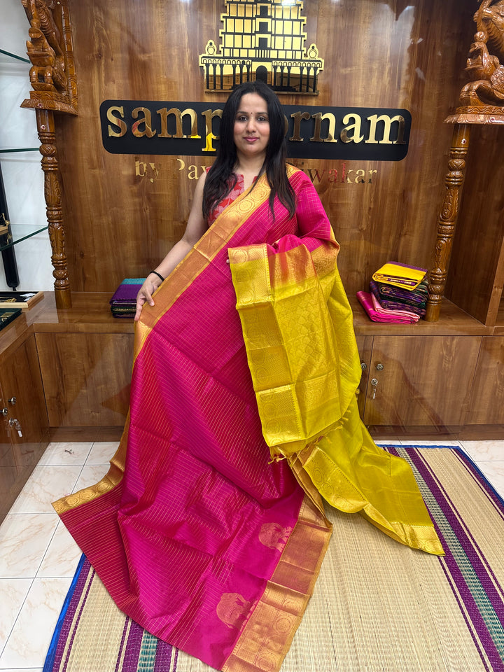 Pink Lemon Yellow , Zari Checks in the body with One side Elephant Motif in the borders , Rich Pallu Korvai Silk Cotton Saree