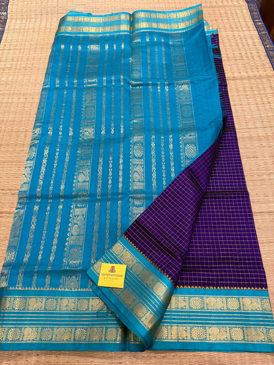 Dark Blue with Light Blue , Zari Kattam in the Body Traditional Borders and Rich Pallu Korvai Silk Cotton Saree
