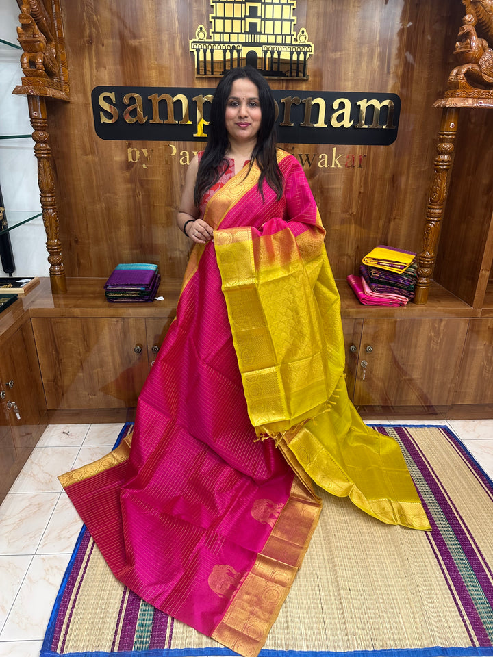 Pink Lemon Yellow , Zari Checks in the body with One side Elephant Motif in the borders , Rich Pallu Korvai Silk Cotton Saree