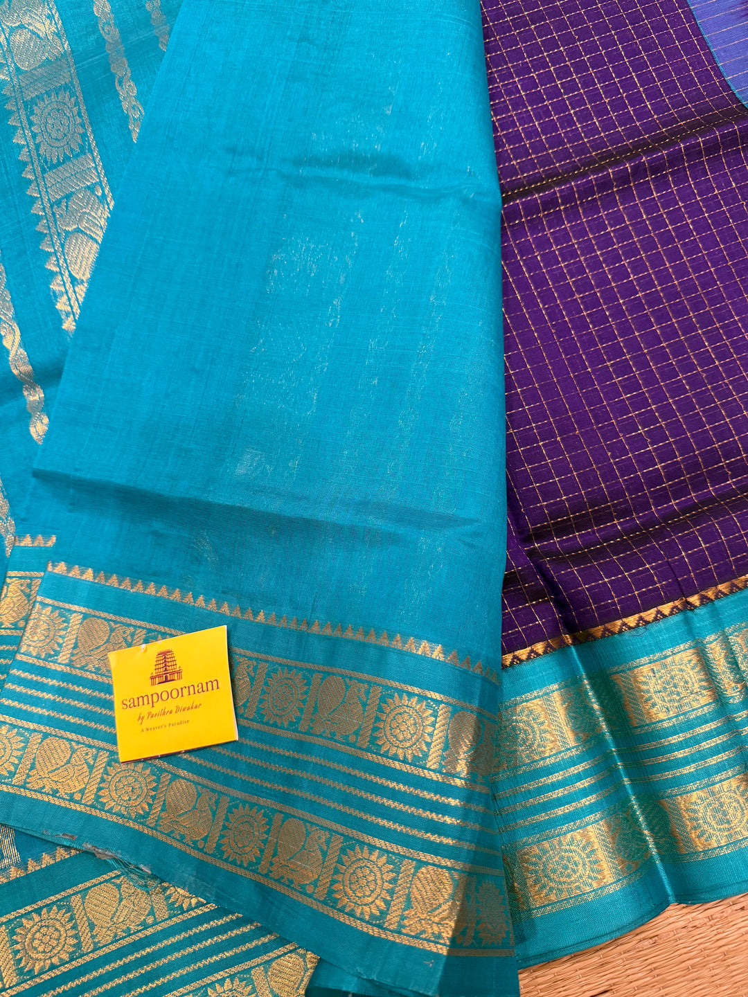 Dark Blue with Light Blue , Zari Kattam in the Body Traditional Borders and Rich Pallu Korvai Silk Cotton Saree