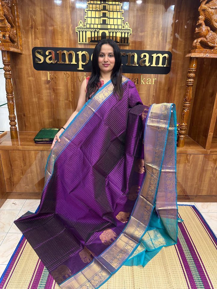 Wine with Turquoise Blue , Zari Checks in the body with One side Elephant Motif in the borders , Rich Pallu Korvai Silk Cotton Saree