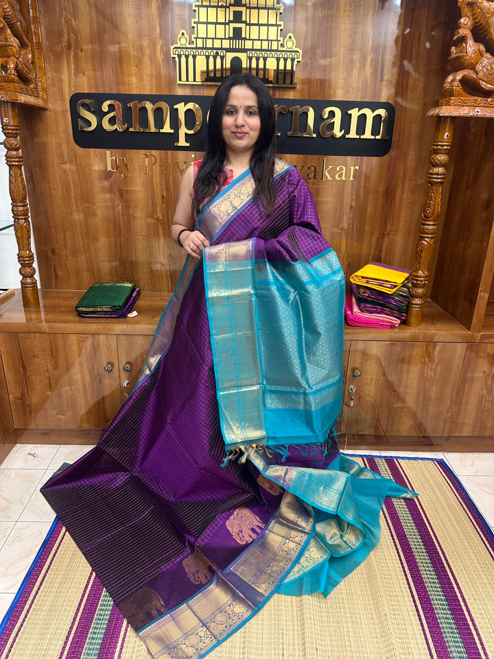 Wine with Turquoise Blue , Zari Checks in the body with One side Elephant Motif in the borders , Rich Pallu Korvai Silk Cotton Saree