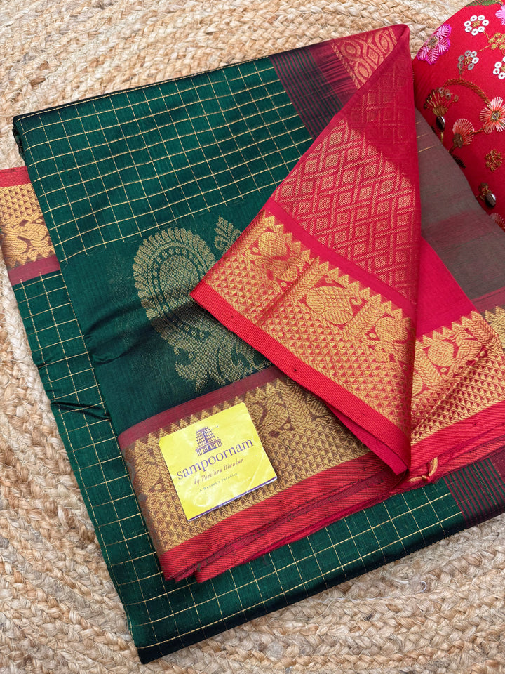 Green with Red , Zari Checks in the body with One side Annam Motif in the borders , Rich Pallu Silk Cotton Saree