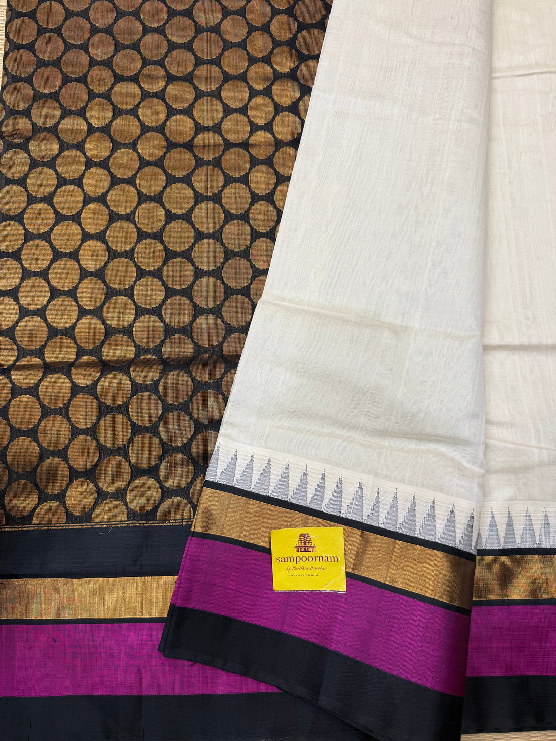 White with Black , Triple border and  Rich Pallu Korvai Silk Cotton Saree