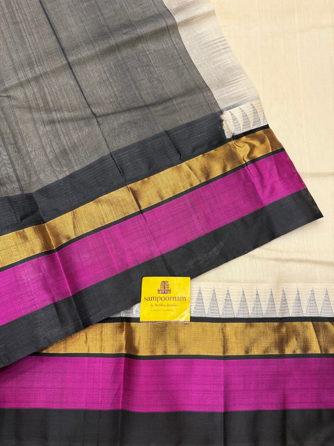 White with Black , Triple border and  Rich Pallu Korvai Silk Cotton Saree
